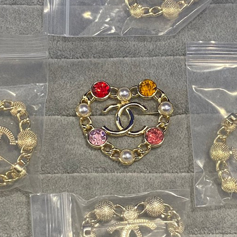 CC Color Crystal Heart Gold Brooch