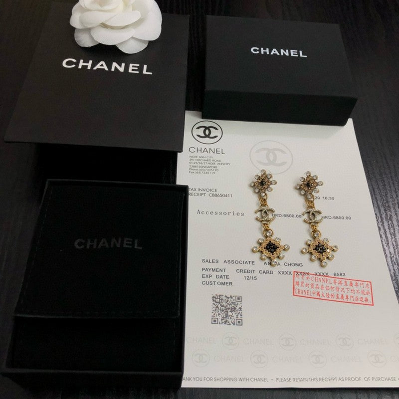 CC Black Gold Flower Long Earrings