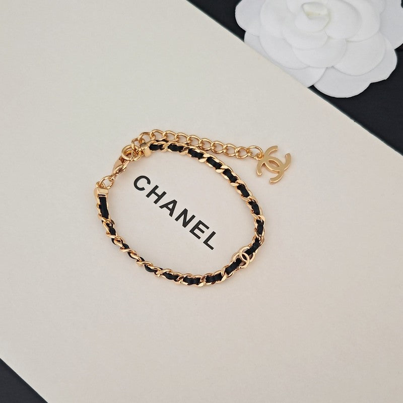 CC Black Leather Gold Chain Bracelet