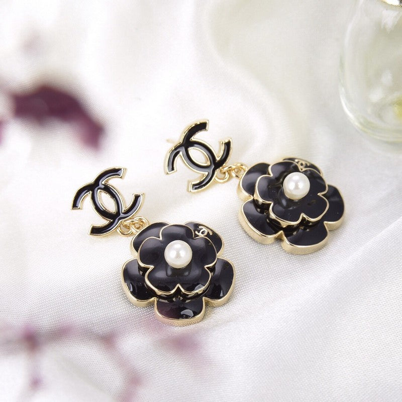 CC Black Gold Camellia Pendant Earrings