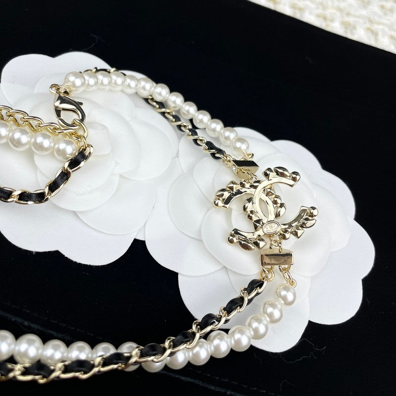 CC Pearl Chain Leather Necklace