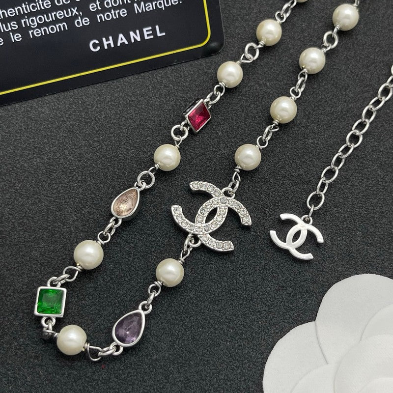 CC Color Crystal Pearl Long Chain Necklace