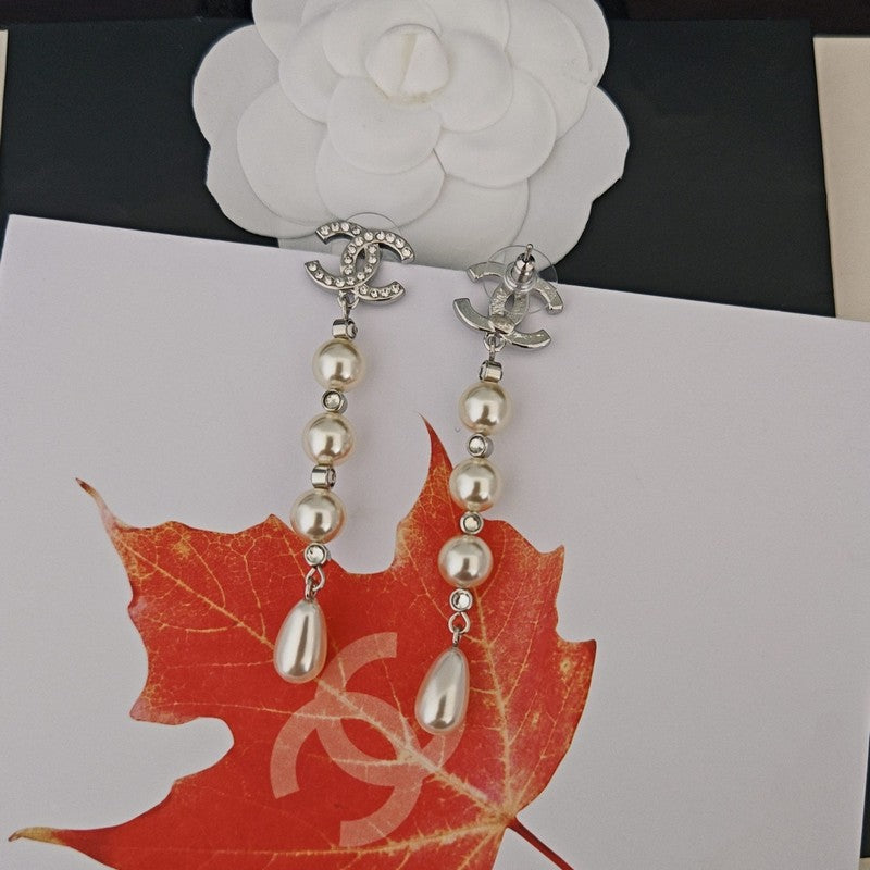 CC Pearl Drop Long Earrings