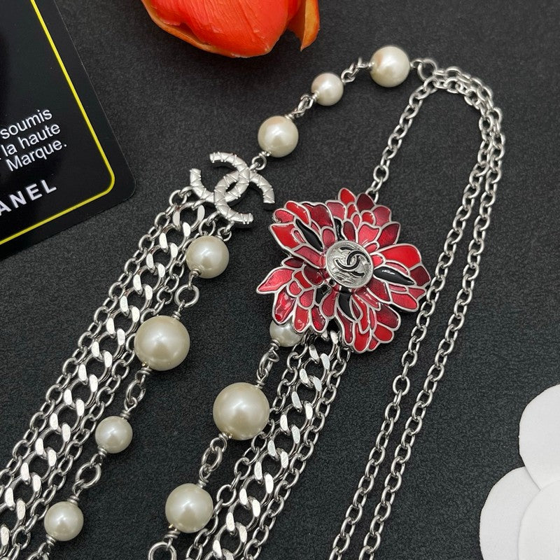 CC Red Flower Pearl Long Chain Necklace