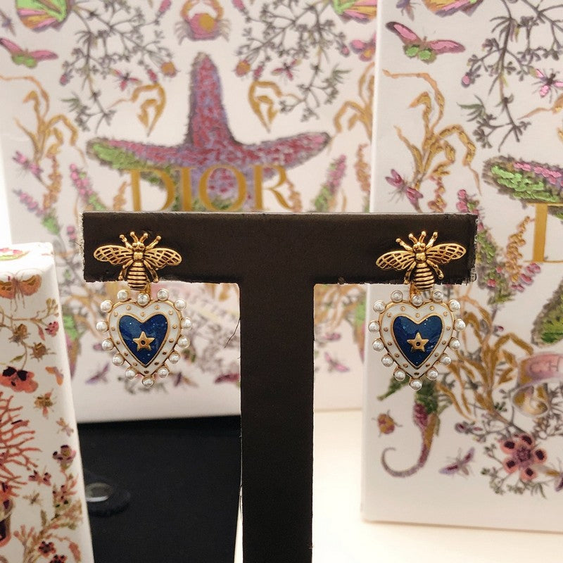 CD Bee Blue Heart Drop Earrings