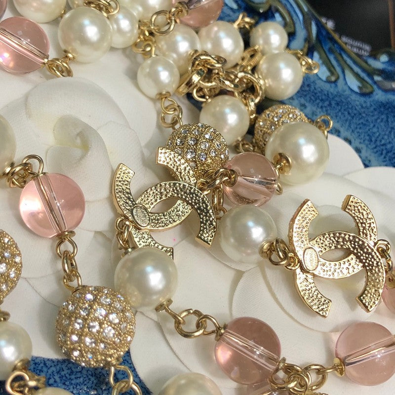 CC Pink Glass Pearl Long Necklace