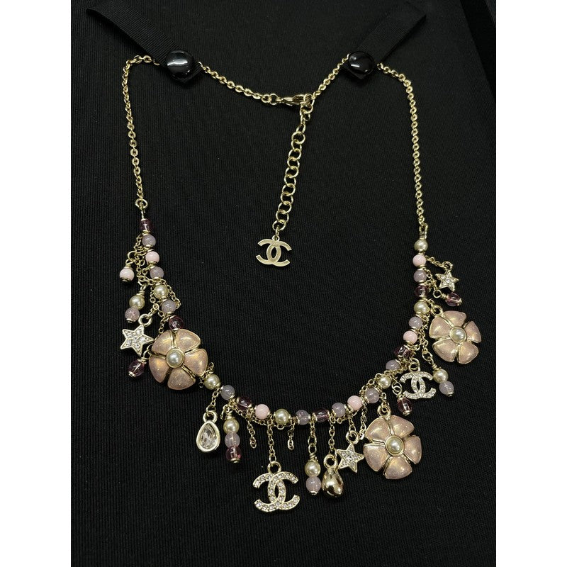 CC Pink Enamel Camellia Pearl Necklace