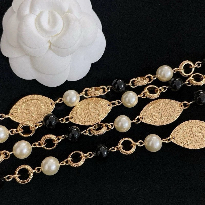 CC Long Black & White Pearls Necklace