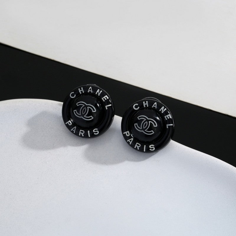 CC Black Round Earrings