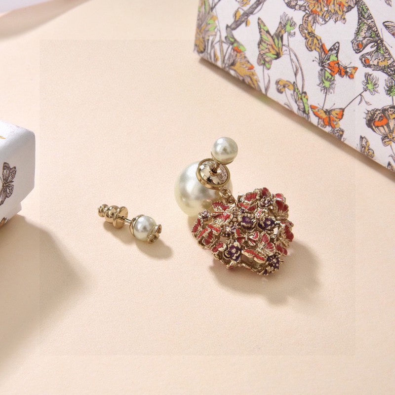 CD Tribales Red Flower Heart Faux Pearl Earrings