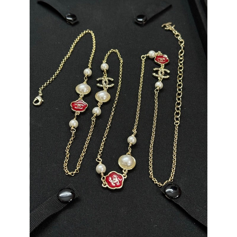 CC Red Flower Pearl Long Necklace