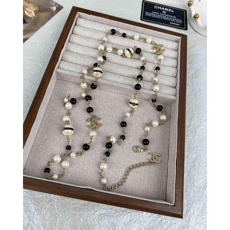 CC Black & White Beads Pearl Long Necklace