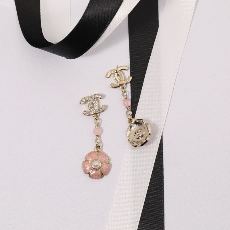 CC Black & Pink Camellia Diamond Long Earrings