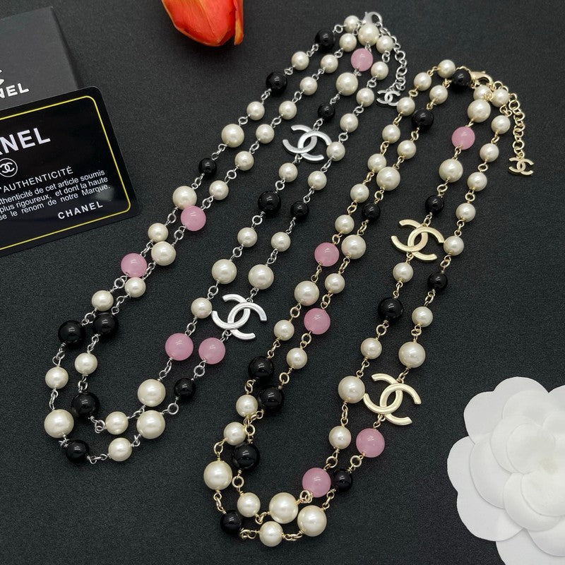 CC Black & Pink Bead Pearl Long Necklace
