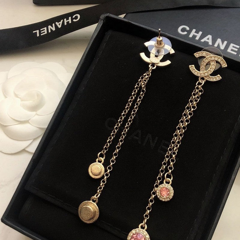 CC Pink Crystal Long Chain Earrings