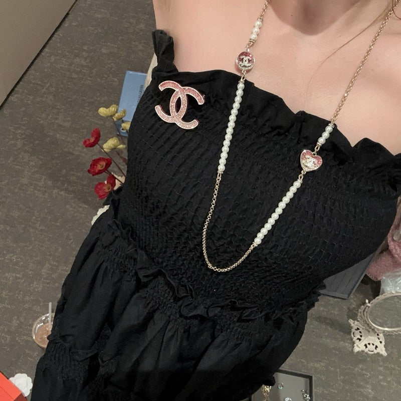 CC Pink Heart Long Pearl Necklace