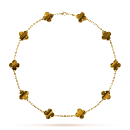 18K Van Cleef & Arpels Vintage Alhambra Tiger Eye 10 Motifs Necklace