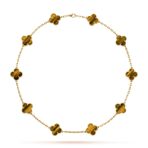 18K Van Cleef & Arpels Vintage Alhambra Tiger Eye 10 Motifs Necklace