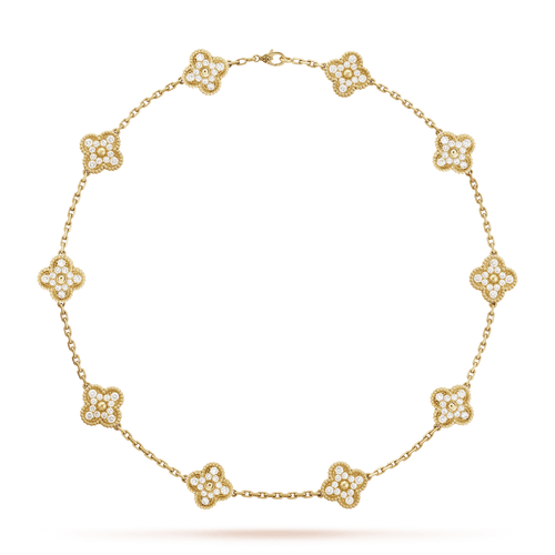 18K Van Cleef & Arpels Vintage Alhambra Diamonds 10 Motifs Necklace
