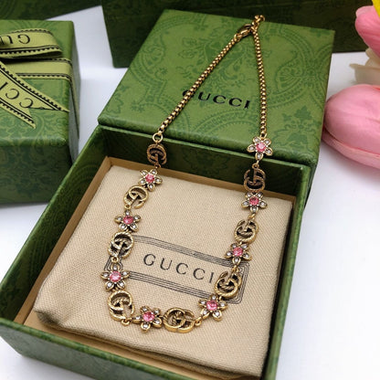 GG Interlocking G Red Flowers Necklace