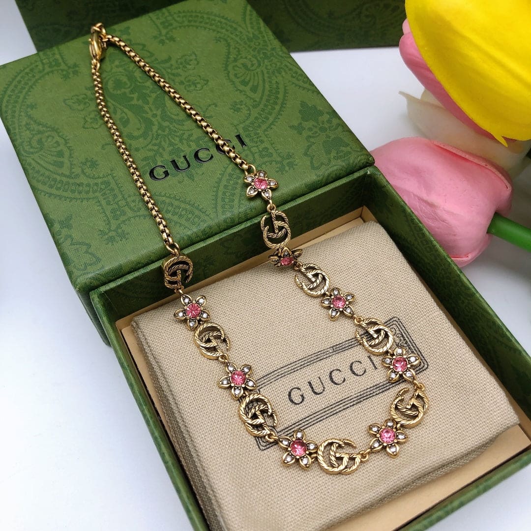 GG Interlocking G Red Flowers Necklace