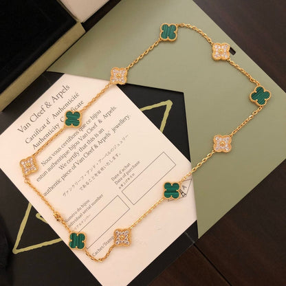18K Vintage Alhambra Malachite Diamonds 10 Motifs Necklace