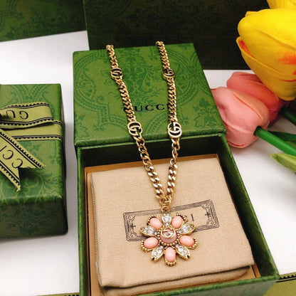 GG Pink Pearl Flower Gold Chain Necklace