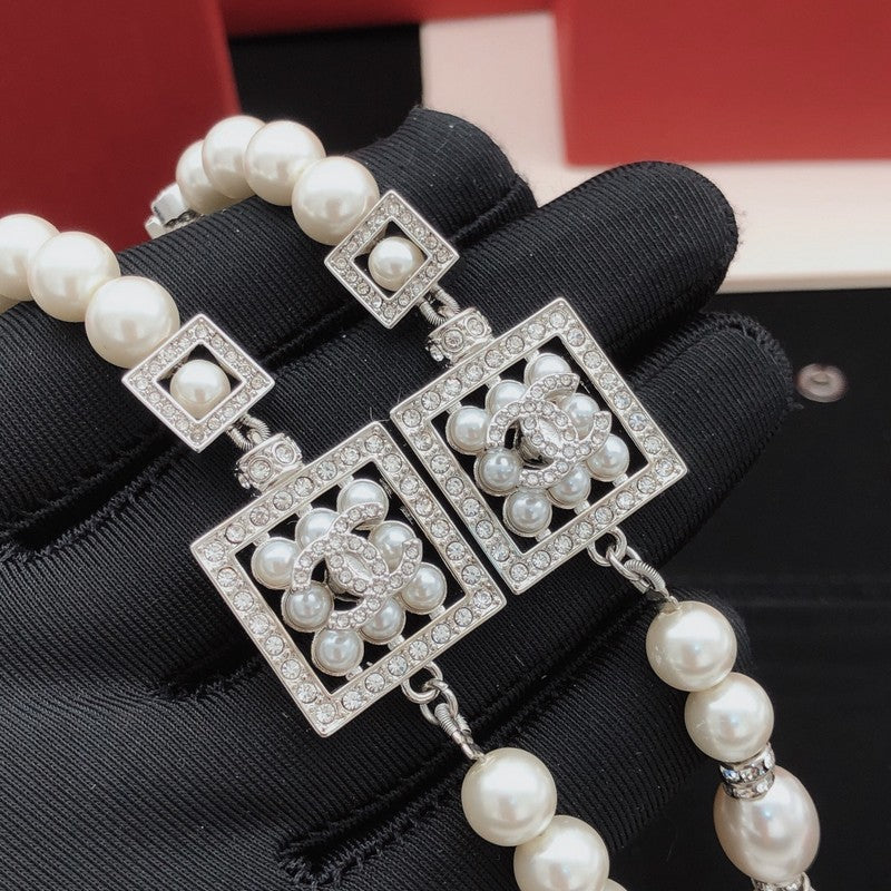 CC Square Diamond Long Pearl Necklace