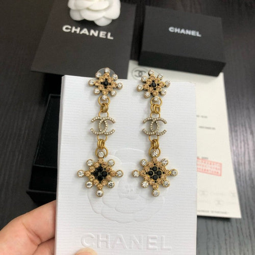 CC Black Gold Flower Long Earrings
