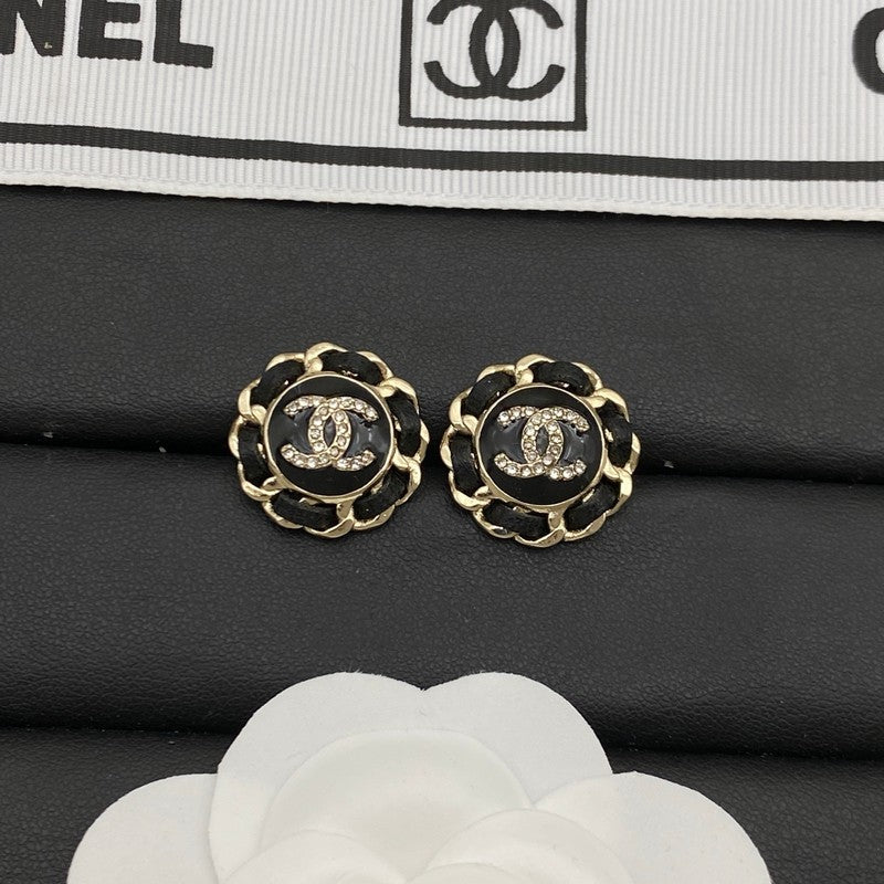 CC Black Leather Round Earrings
