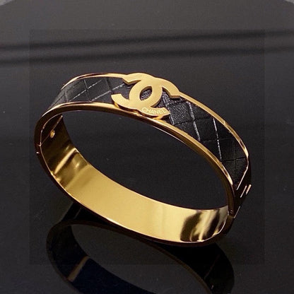 CC Black Leather Gold Bracelet