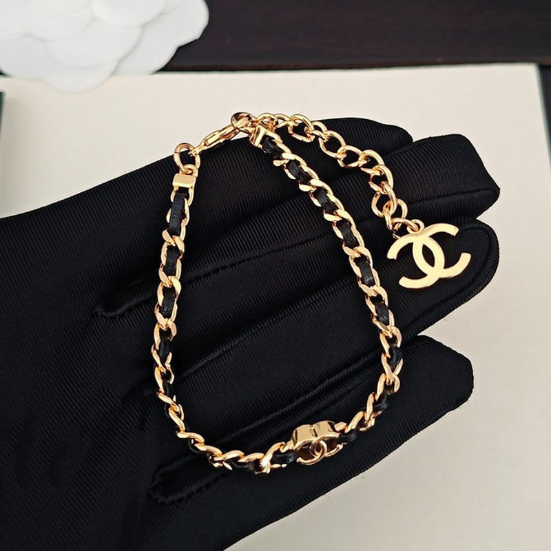 CC Black Leather Gold Chain Bracelet