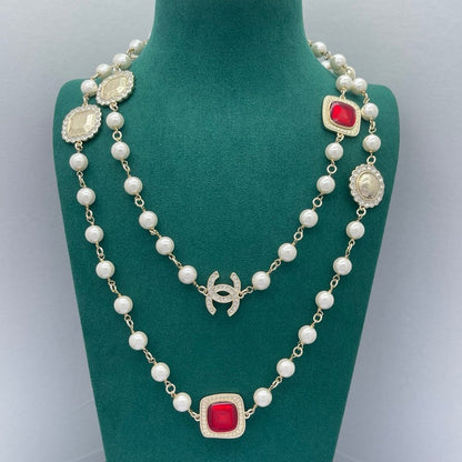 CC Red Crystal Pearl Long Necklace