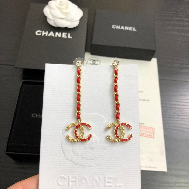 CC Red Leather Gold Long Earrings