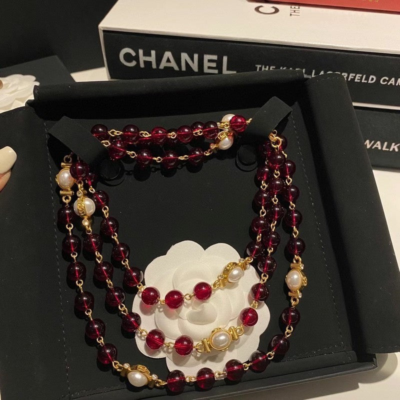 CC Long Red & White Pearls Necklace