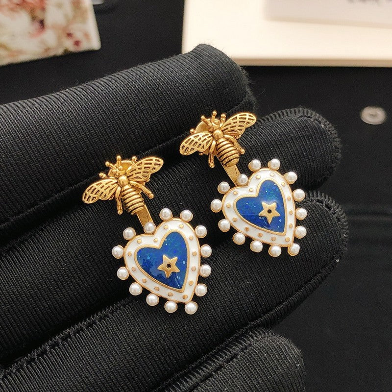 CD Bee Blue Heart Drop Earrings