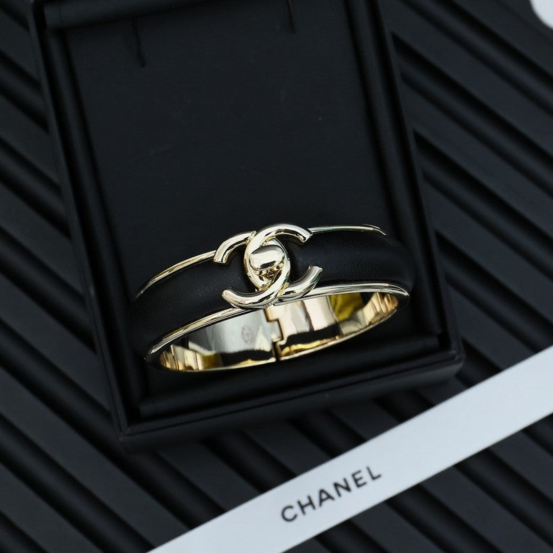 CC Black Leather Cuff Bracelet