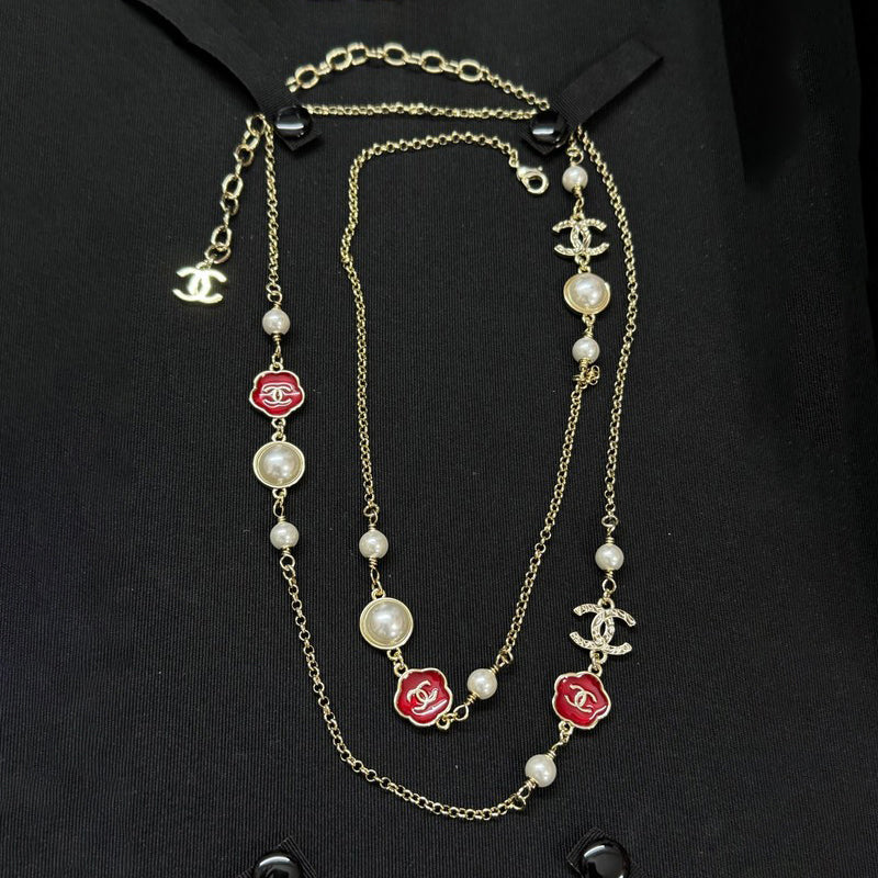 CC Red Flower Pearl Long Necklace