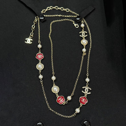 CC Red Flower Pearl Long Necklace