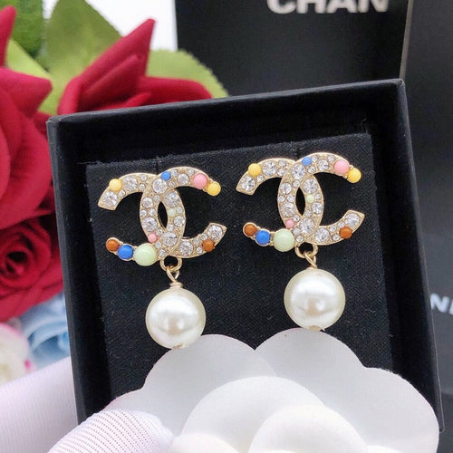CC Color Pearl Gold Pendant Earrings
