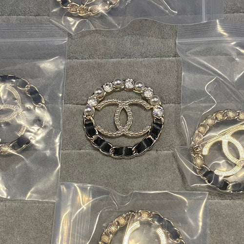 CC Diamond & Pearl Leather Brooch