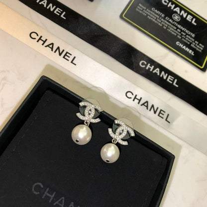CC Diamond & Pearl Drop Earrings