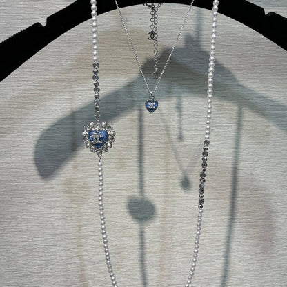 CC 25P Blue Heart Pearl Long Necklace