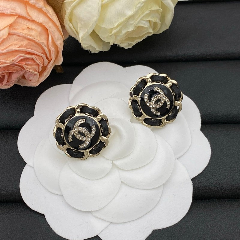 CC Black Leather Round Earrings