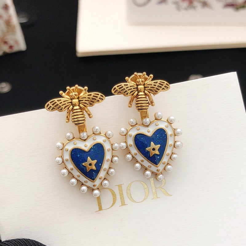 CD Bee Blue Heart Drop Earrings