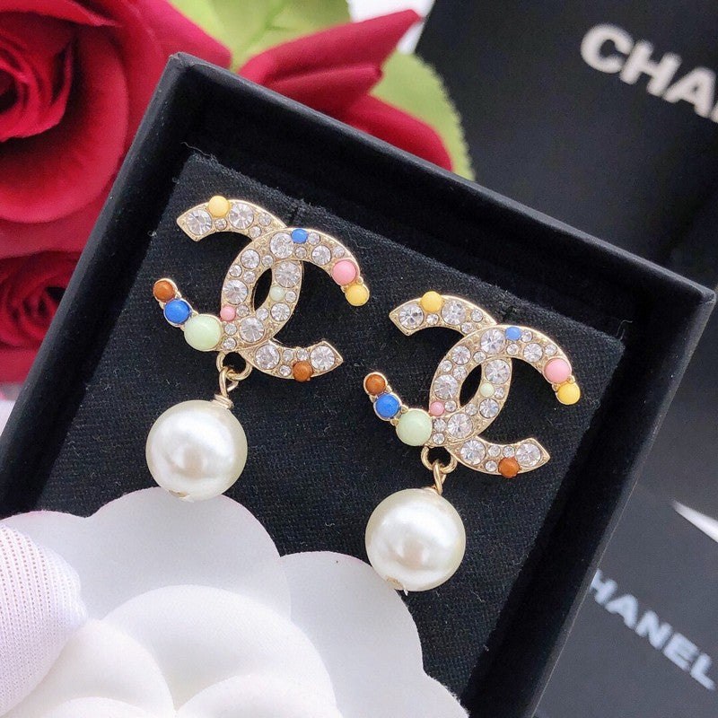 CC Color Pearl Gold Pendant Earrings