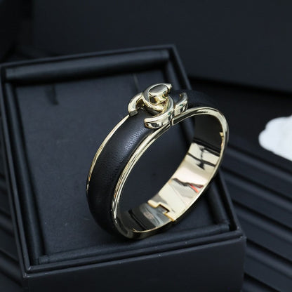 CC Black Leather Cuff Bracelet
