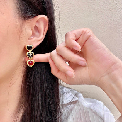 CC Black & Red Three Heart Drop Earrings