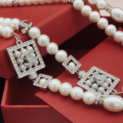 CC Square Diamond Long Pearl Necklace