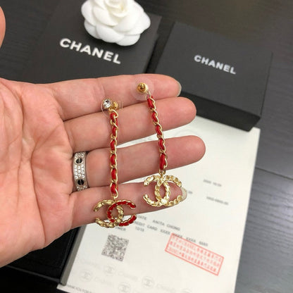 CC Red Leather Gold Long Earrings